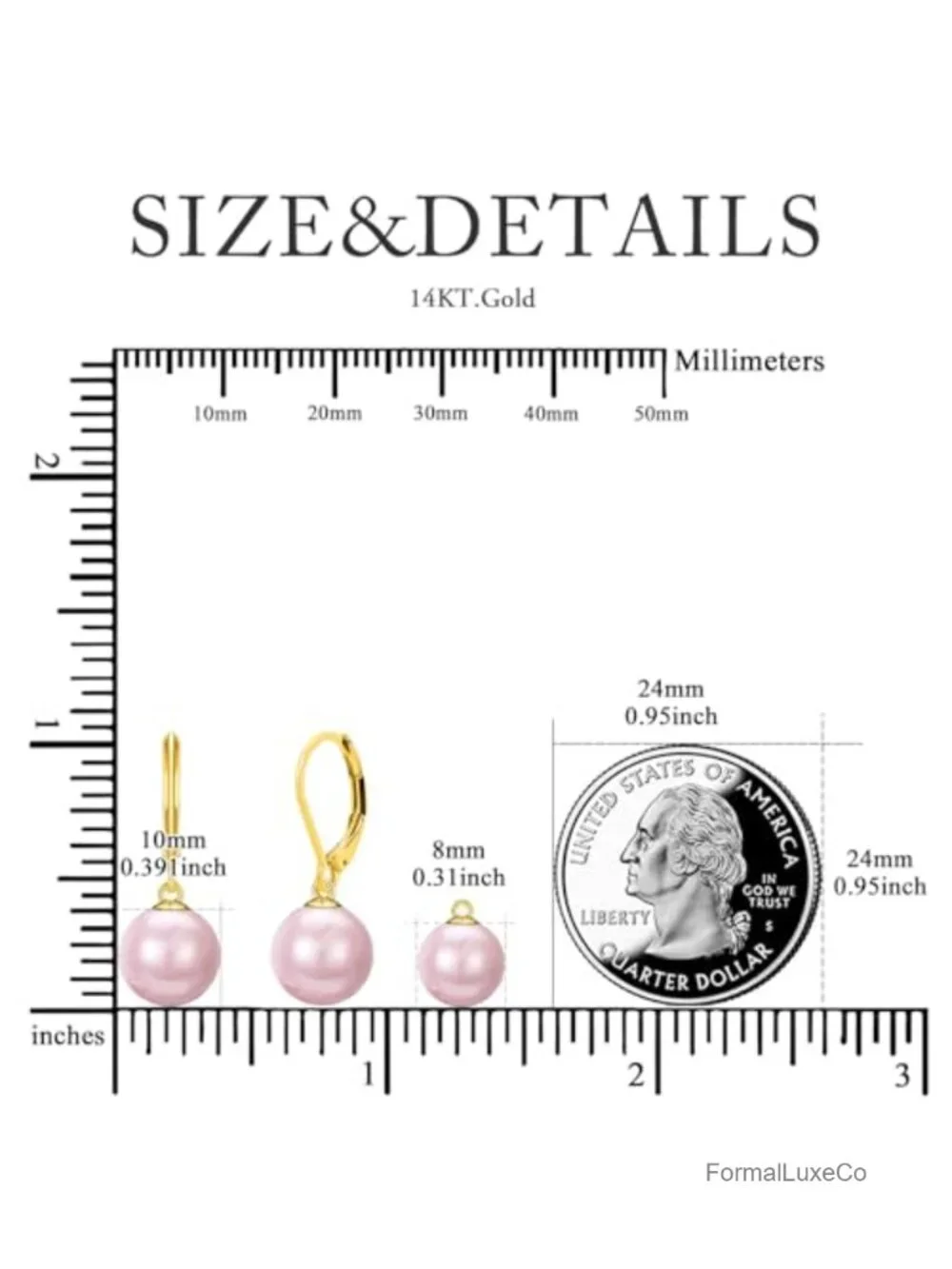 14K Solid Gold Freshwater Pearl Dangle Leverback Earrings 8mm 10mm